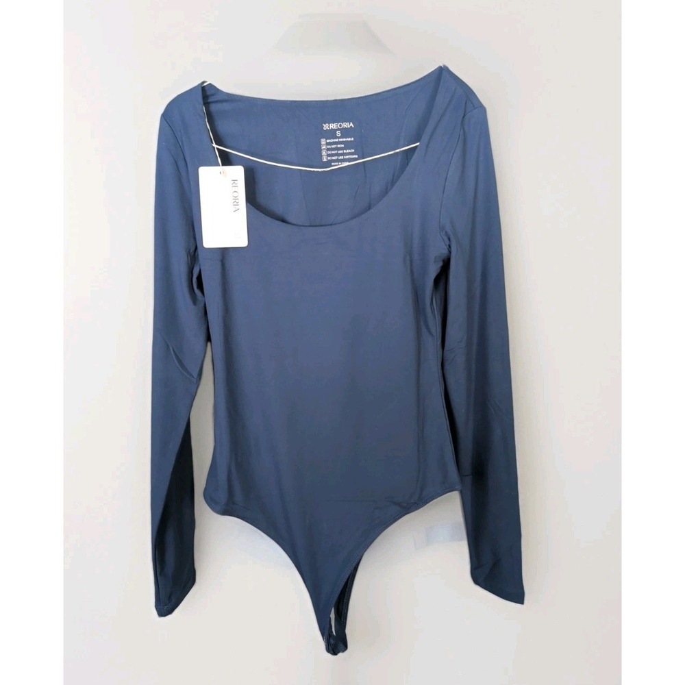 NEW Reoria Women's Blue Long Sleeve Asymmetrical Neck Bodysuit Soft Size S